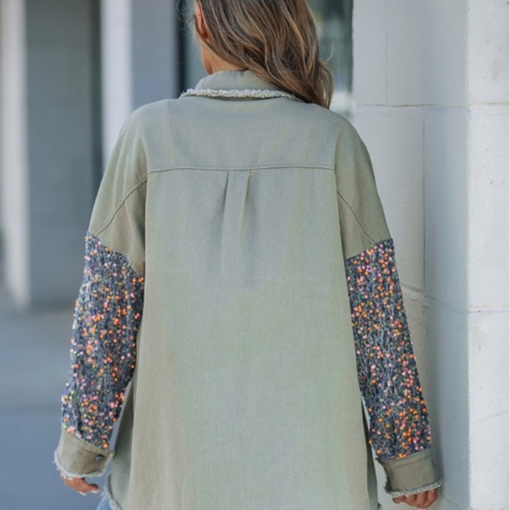 ChicMe Oversized Khaki & Sequin Button Down Shirt-Size S - Picture 10 of 12